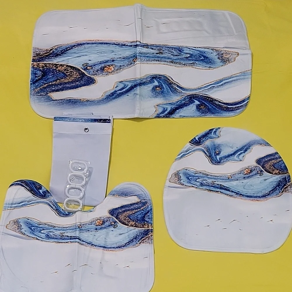 4 Pcs Shower Curtain Set with Non-Slip Rugs Toilet Lid Cover and Bath Mat,